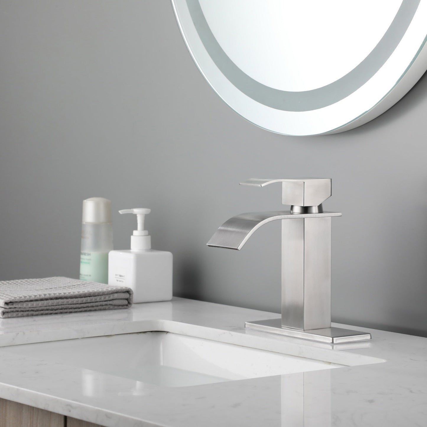 Waterfall Spout Bathroom Faucet, Single Handle Vanity Sink Faucet