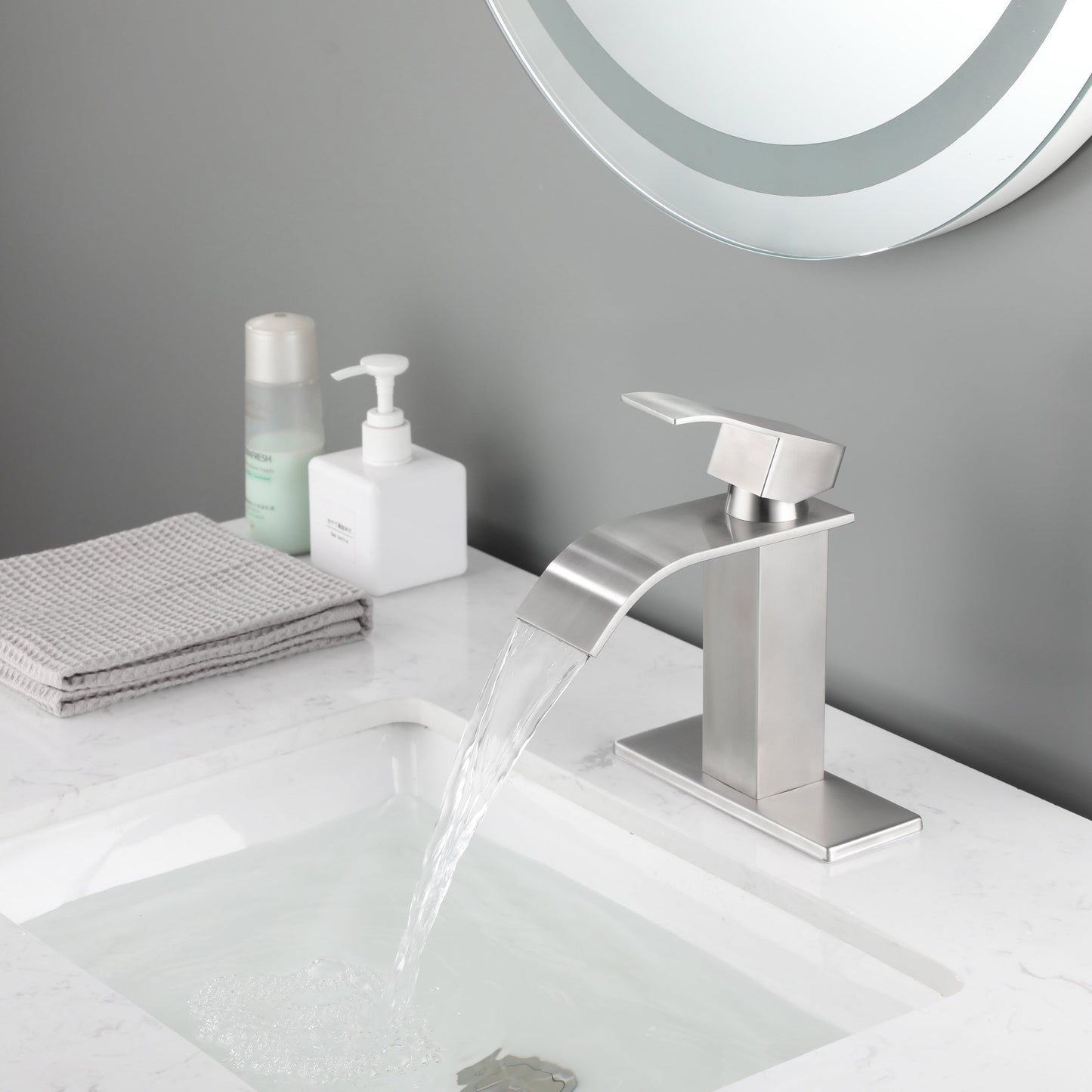 Waterfall Spout Bathroom Faucet, Single Handle Vanity Sink Faucet