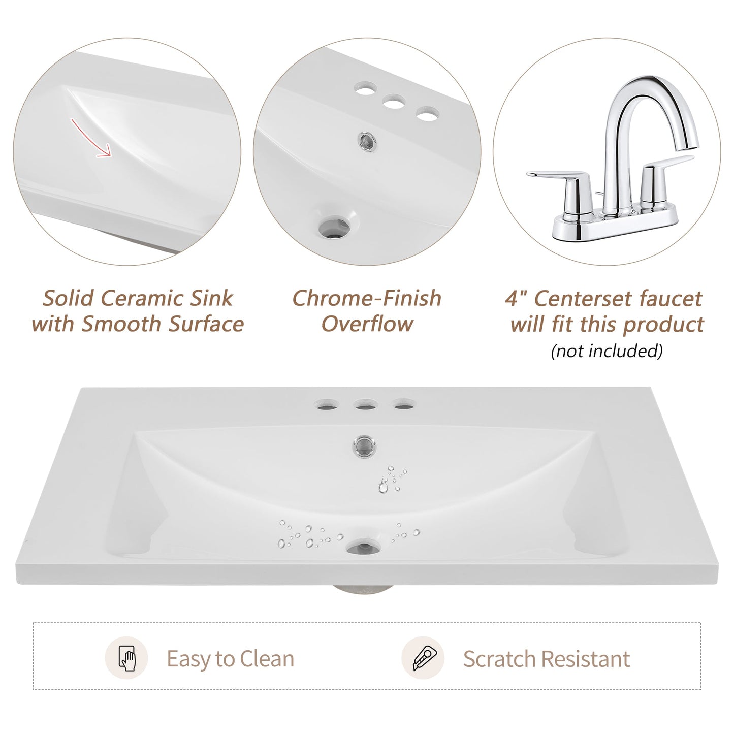 30" Single Bathroom Vanity Top with Undermount Ceramic Sink