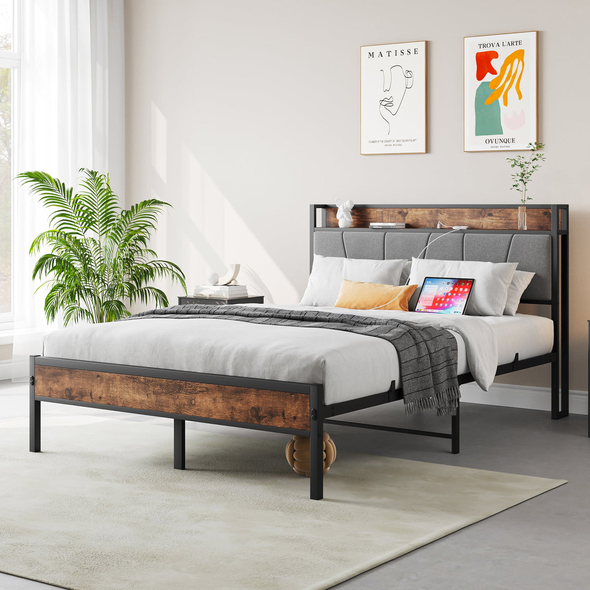 Full Size Bed Frame with Storage Headboard