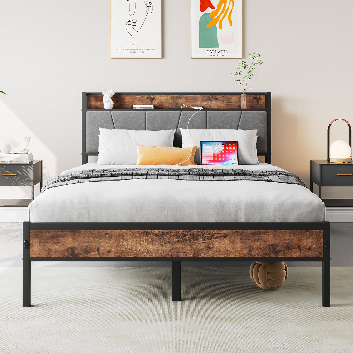 Full Size Bed Frame with Storage Headboard