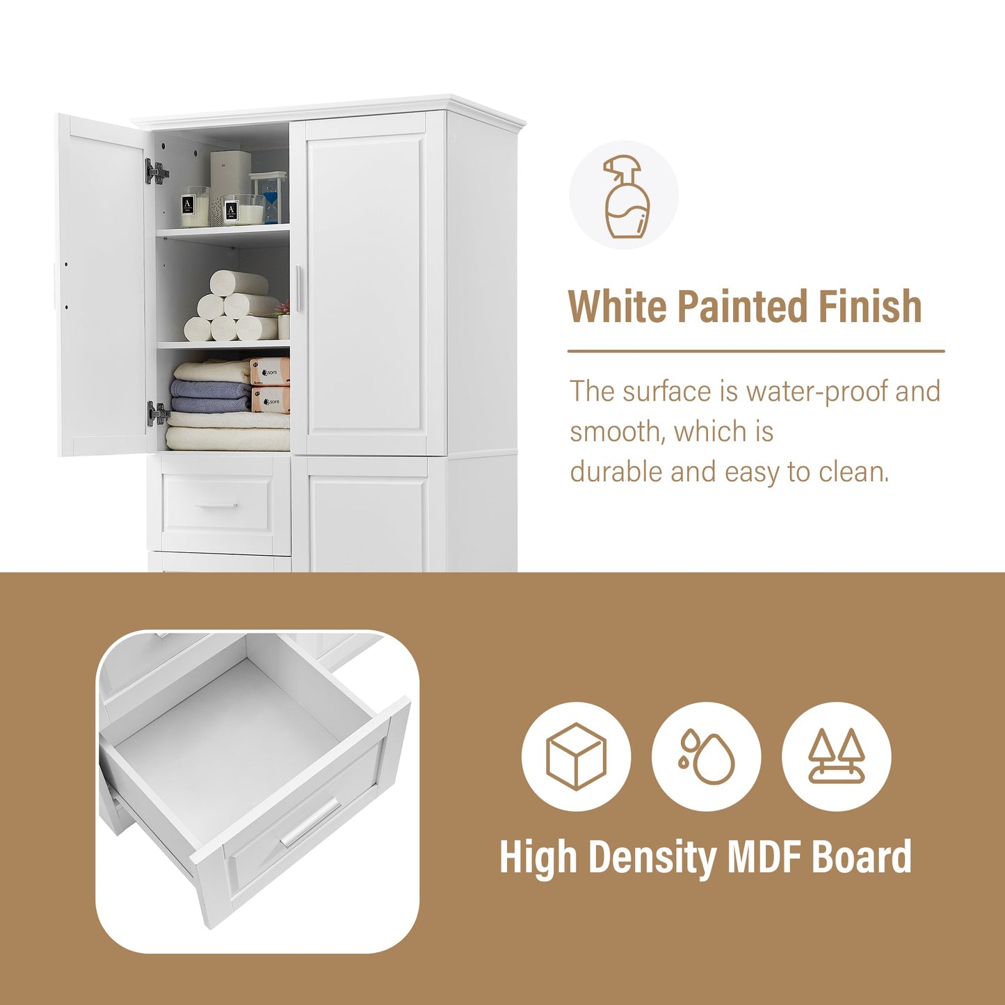 Tall and Wide Storage Cabinet with Doors for Bathroom or Office