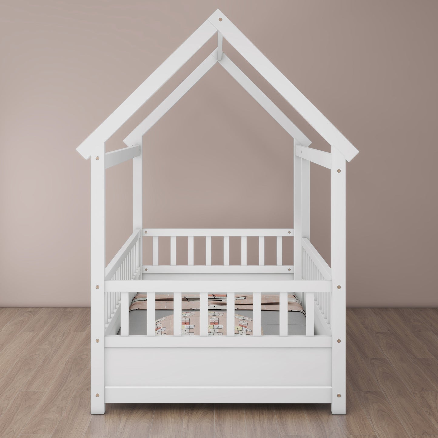 Twin Size Floor Wooden Bed with House Roof Frame