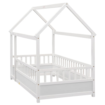 Twin Size Floor Wooden Bed with House Roof Frame