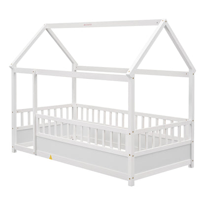 Twin Size Floor Wooden Bed with House Roof Frame