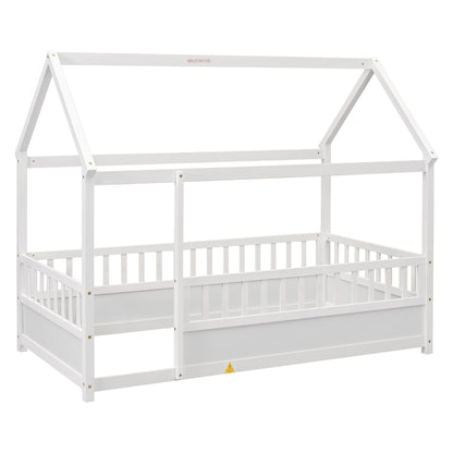 Twin Size Floor Wooden Bed with House Roof Frame