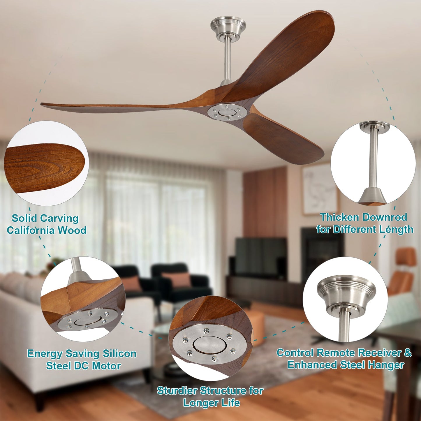 60 Inch Indoor Modern Ceiling Fan With 3 Solid Wood Blades