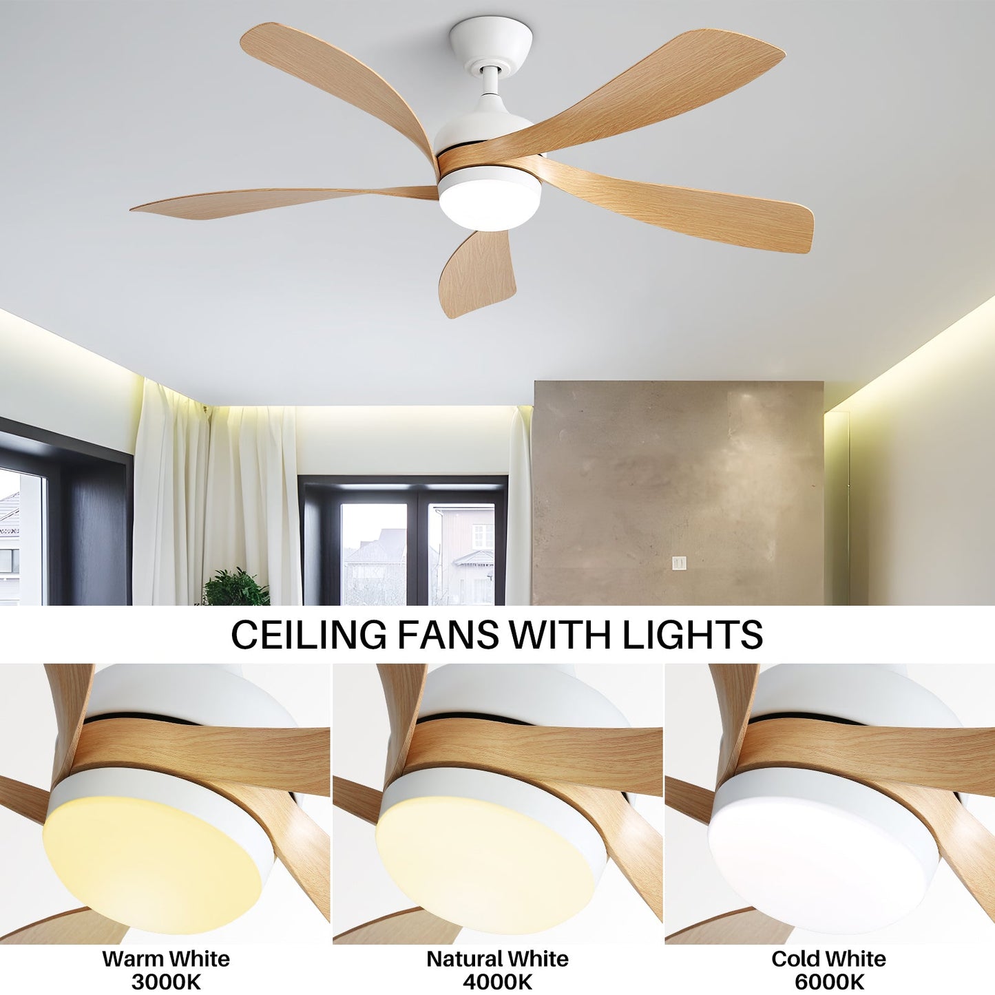 52 Inch Modern Ceiling Fan With 3 Color Dimmable LED Light