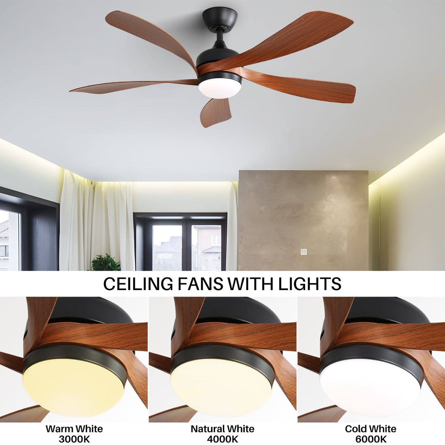 52 Inch Indoor Ceiling Fan With 3 Color Dimmable LED Light and Remote Control