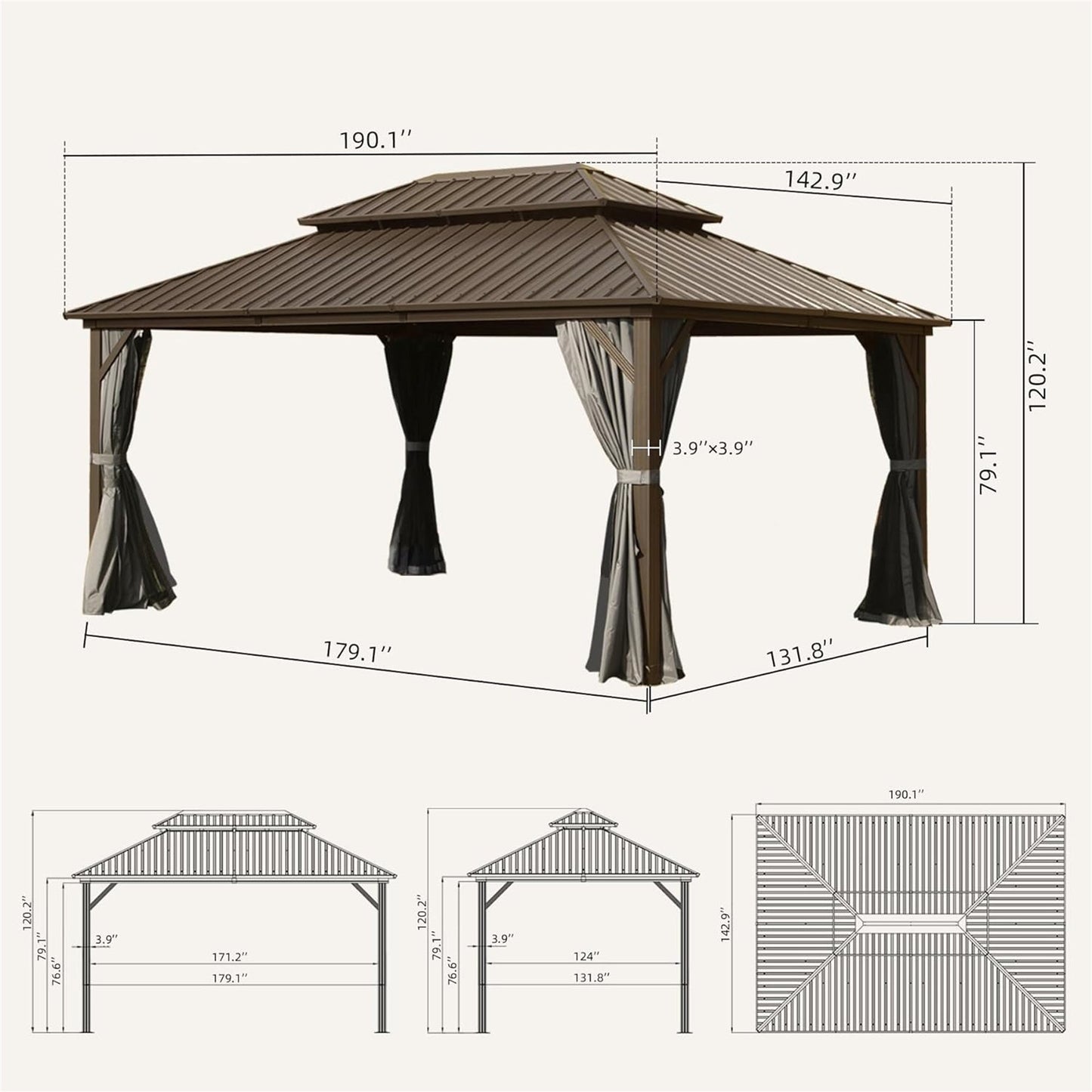 12' x 16' Hardtop Aluminum Gazebo with Double Roof Canopy