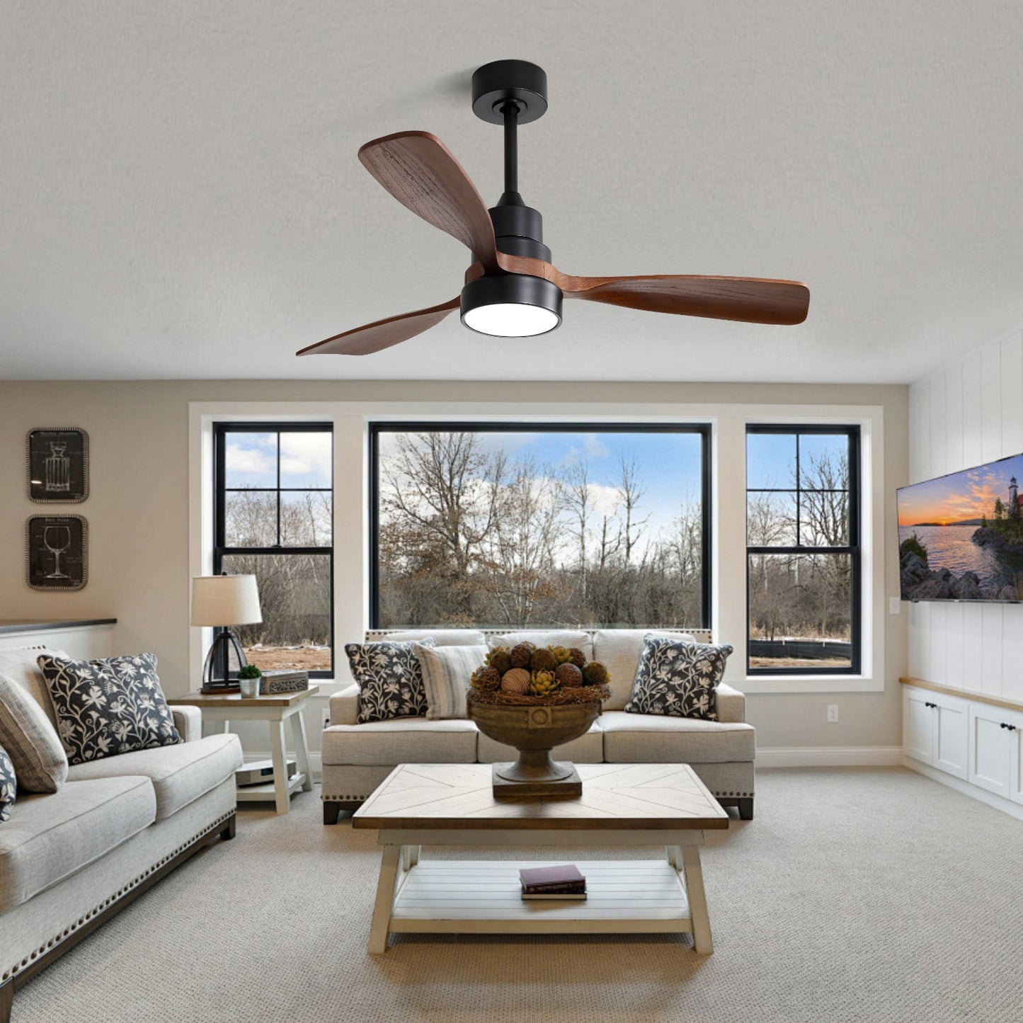 48 Inch Wood Ceiling Fan With 3 Solid Wood Blades and Remote Control