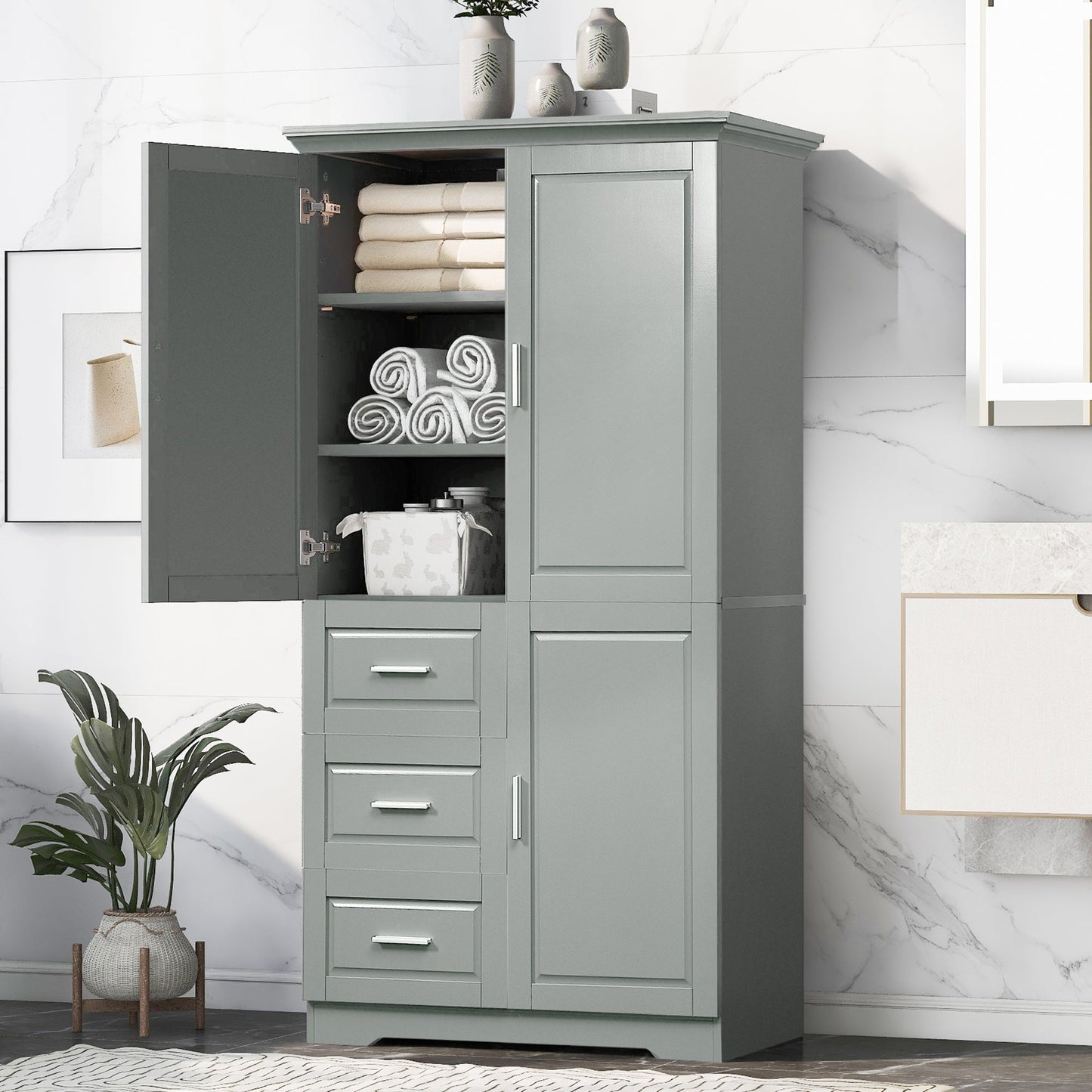 Tall and Wide Storage Cabinet with Doors for Bathroom or Office, Grey