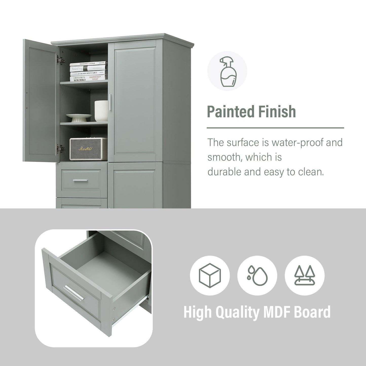 Tall and Wide Storage Cabinet with Doors for Bathroom or Office, Grey
