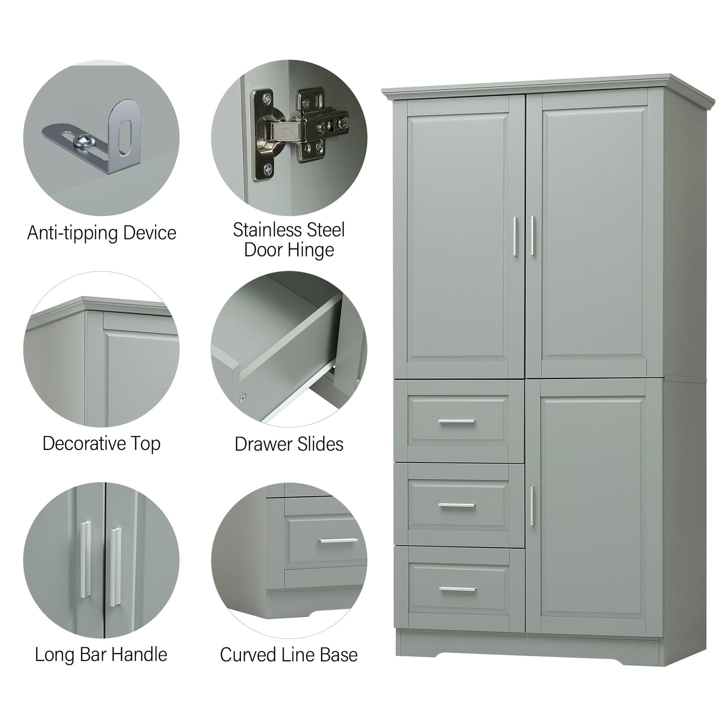 Tall and Wide Storage Cabinet with Doors for Bathroom or Office, Grey
