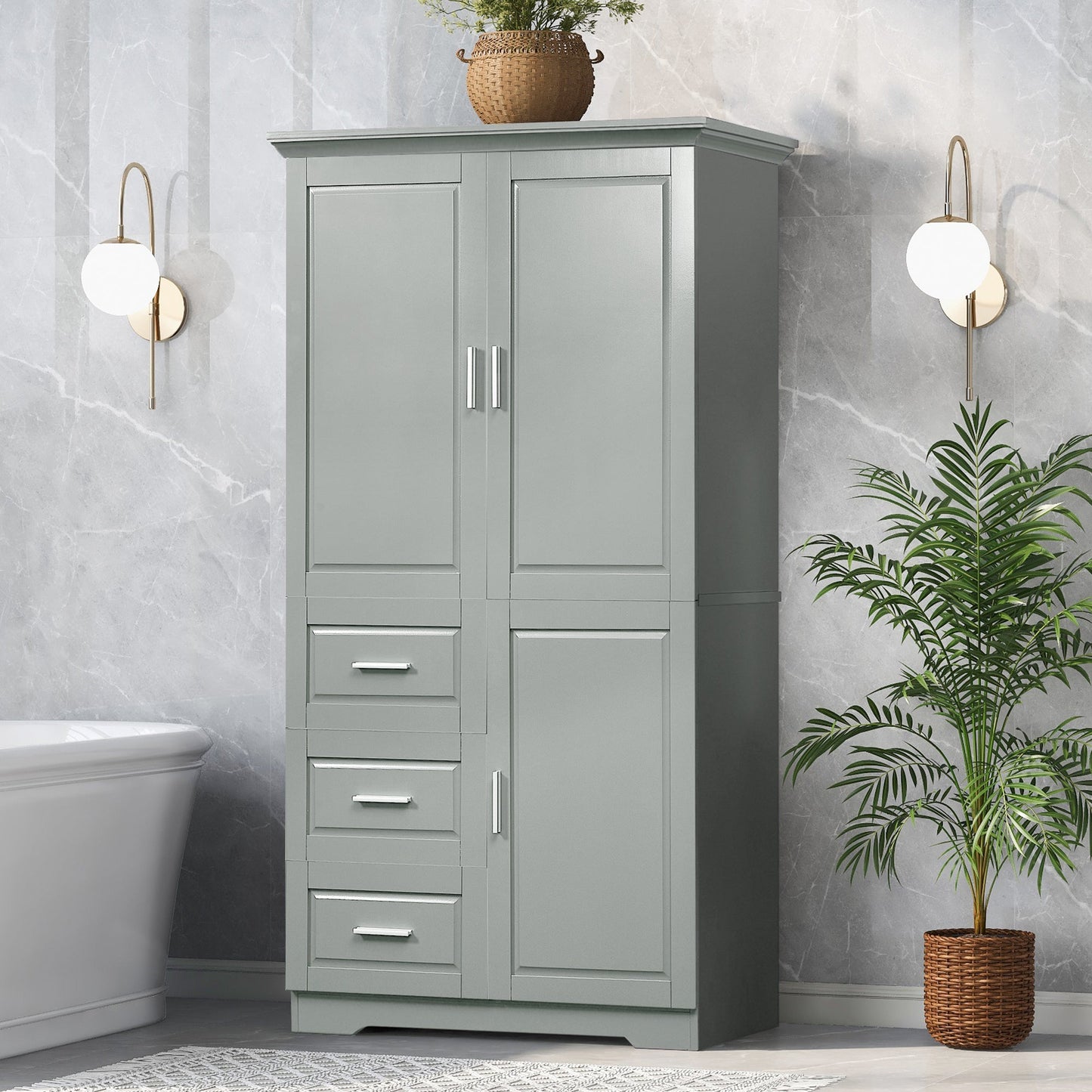 Tall and Wide Storage Cabinet with Doors for Bathroom or Office, Grey