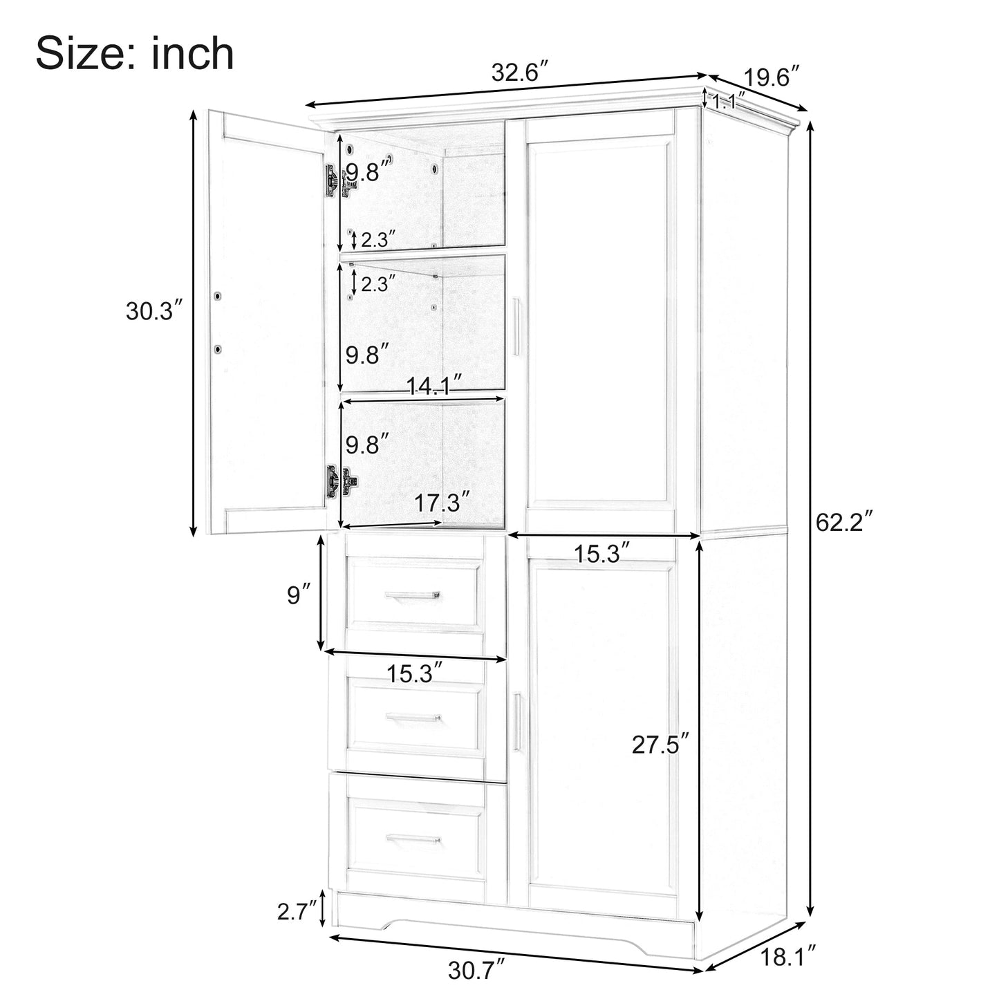 Tall and Wide Storage Cabinet with Doors for Bathroom or Office, Grey