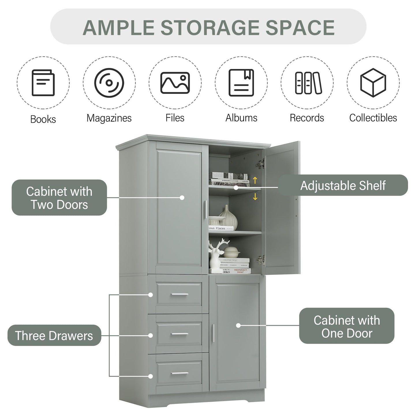 Tall and Wide Storage Cabinet with Doors for Bathroom or Office, Grey