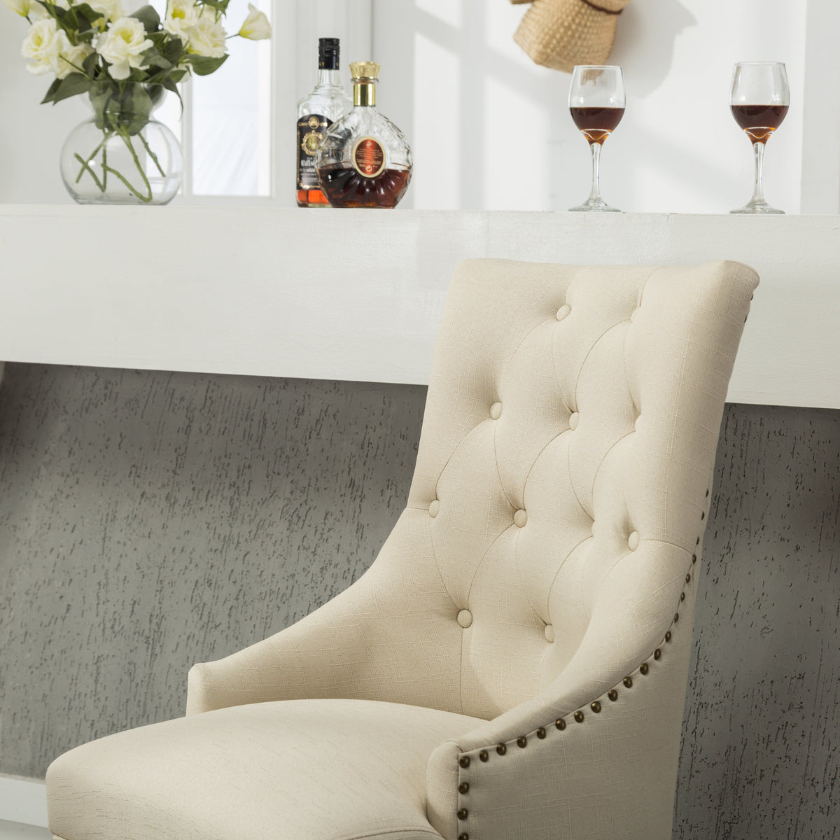 Tan Button Tufted Solid Wood Wingback Hostess Chairs Set of 2
