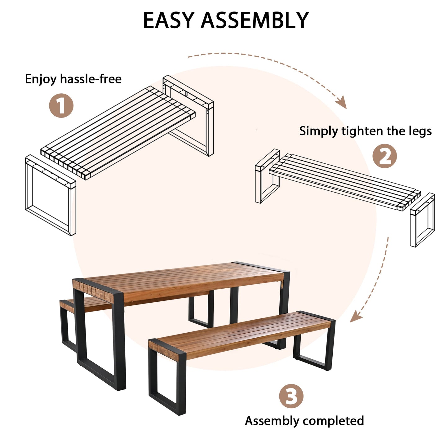GO 3-Pieces Outdoor Dining Table With 2 Benches