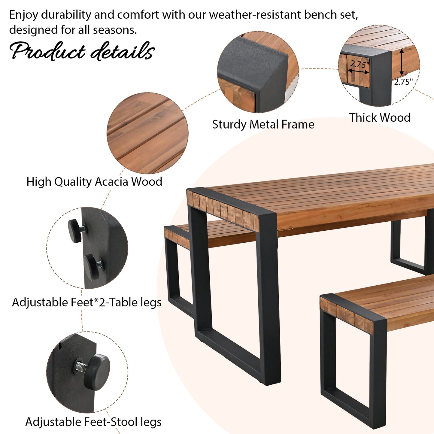 GO 3-Pieces Outdoor Dining Table With 2 Benches