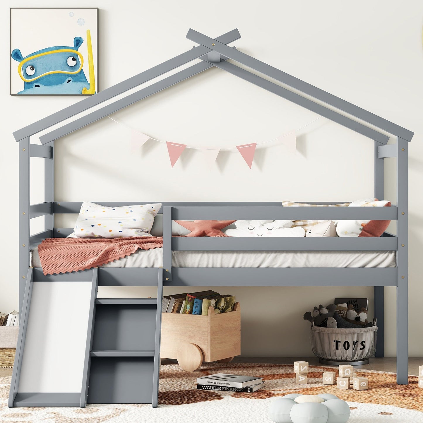 Twin Low Loft House Bed with Slide