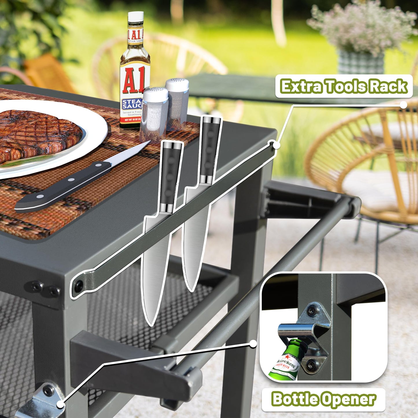 3-Shelf Outdoor Grill Table with Wheels and Propane Tank Hook