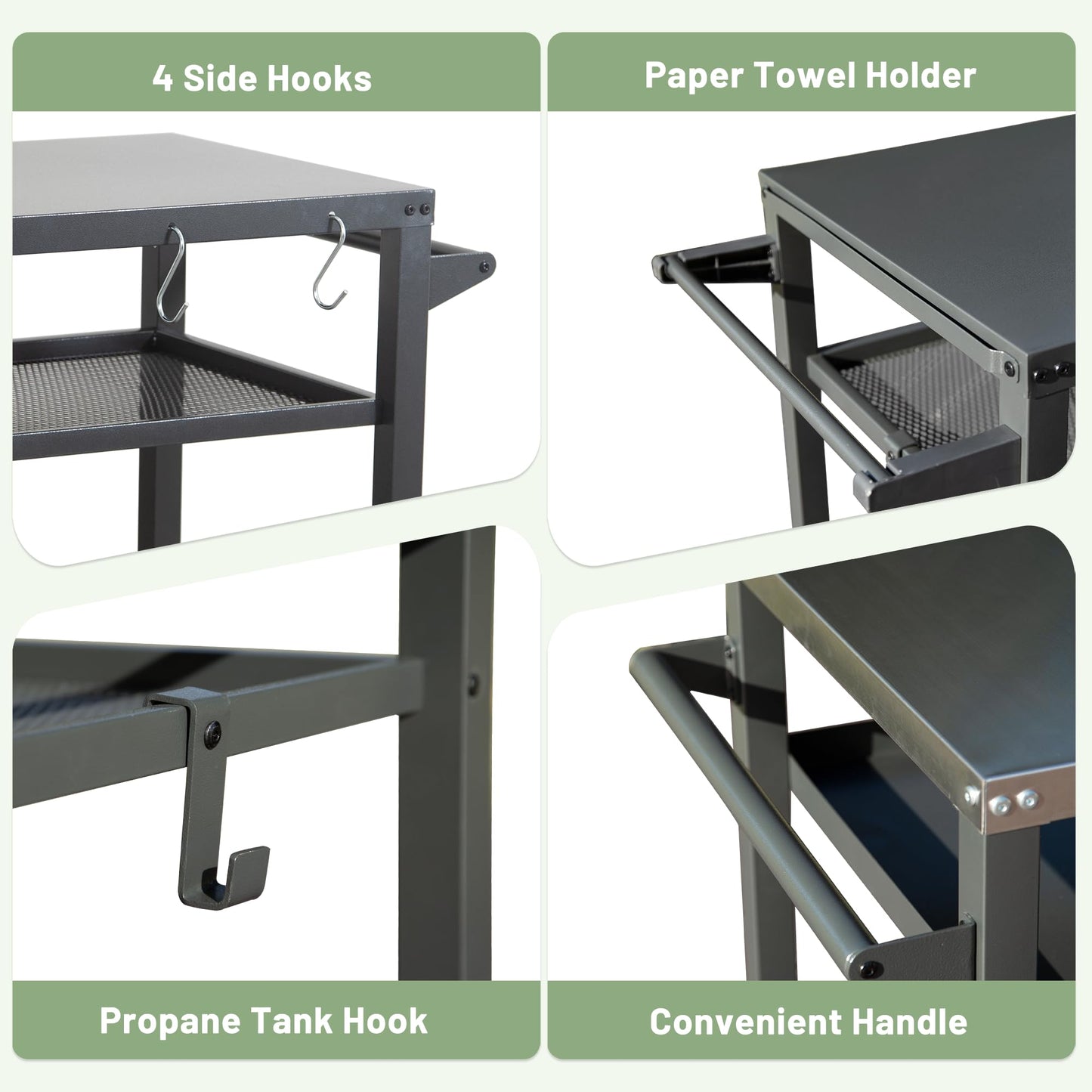 3-Shelf Outdoor Grill Table with Wheels and Propane Tank Hook