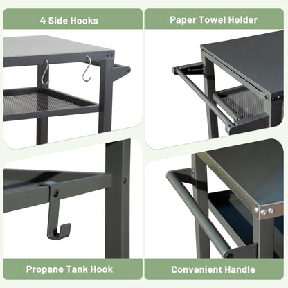 3-Shelf Outdoor Grill Table with Wheels and Propane Tank Hook