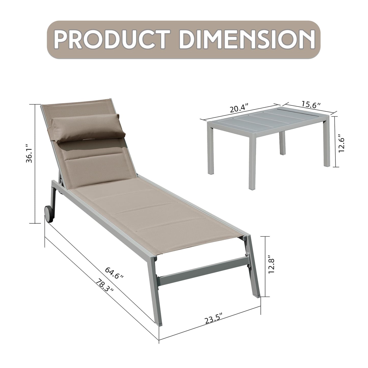 Outdoor Patio Chaise Lounge Set of 3 with Side Table and Wheels (Khaki)