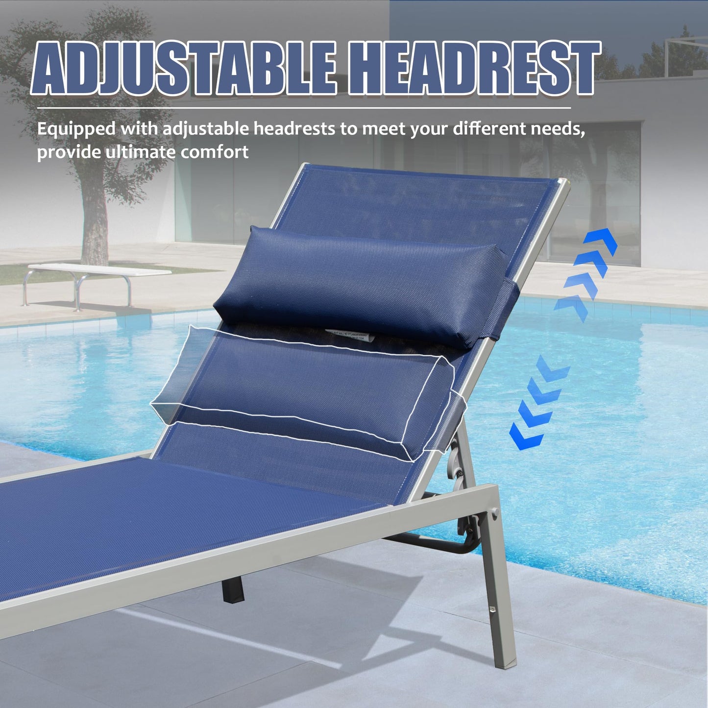 Patio Chaise Lounge Set of 3 with Side Table - Navy Blue