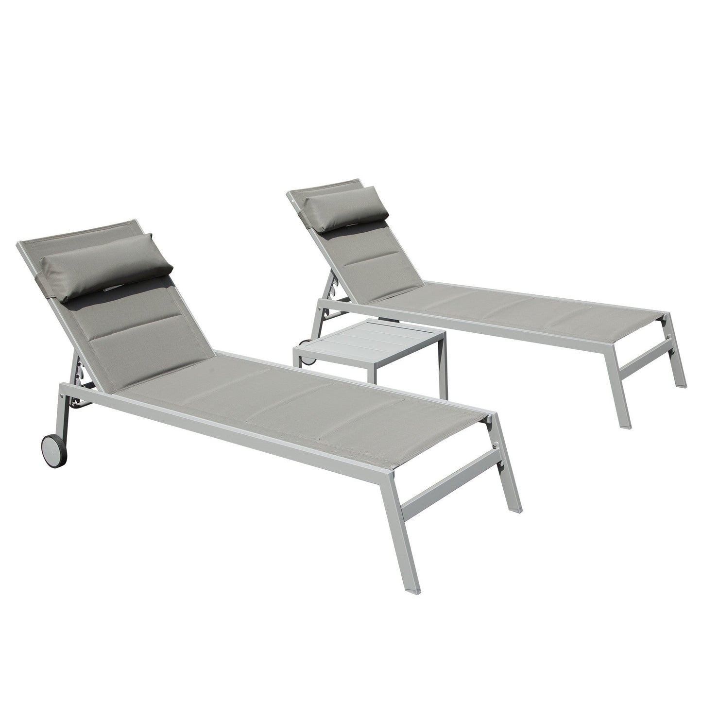 Outdoor Patio Chaise Lounge Set of 3 with Side Table and Wheels