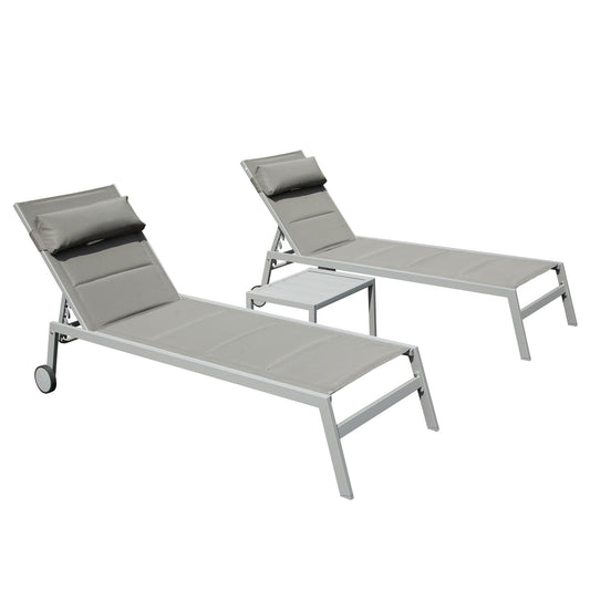Outdoor Patio Chaise Lounge Set of 3 with Side Table and Wheels