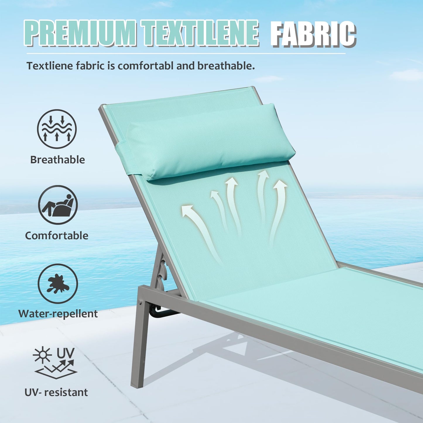 Patio Chaise Lounge Set of 3 with Side Table, Aluminum Adjustable Recliners