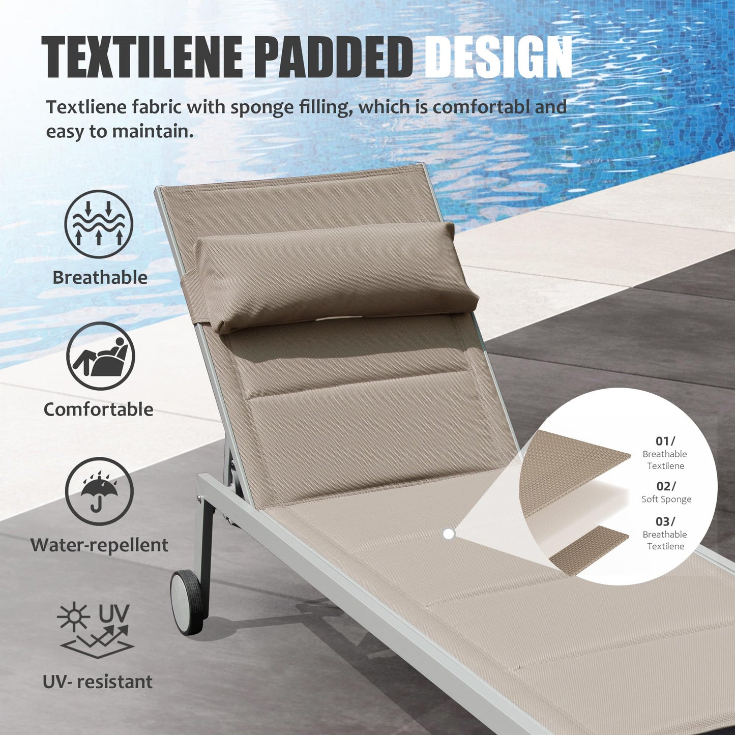 Outdoor Patio Chaise Lounge Set of 3 with Side Table and Wheels (Khaki)