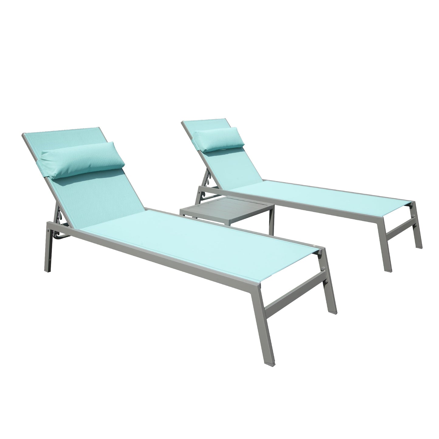 Patio Chaise Lounge Set of 3 with Side Table, Aluminum Adjustable Recliners