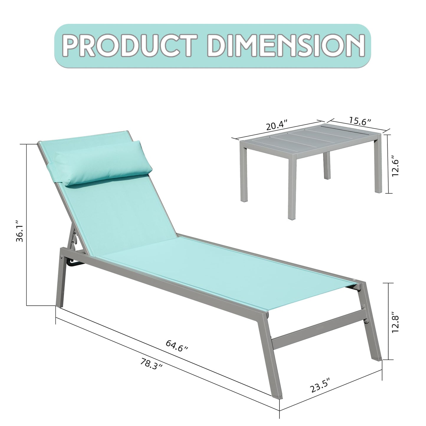 Patio Chaise Lounge Set of 3 with Side Table, Aluminum Adjustable Recliners