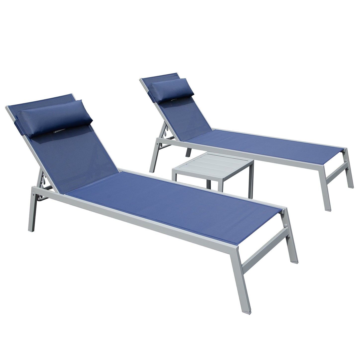 Patio Chaise Lounge Set of 3 with Side Table - Navy Blue