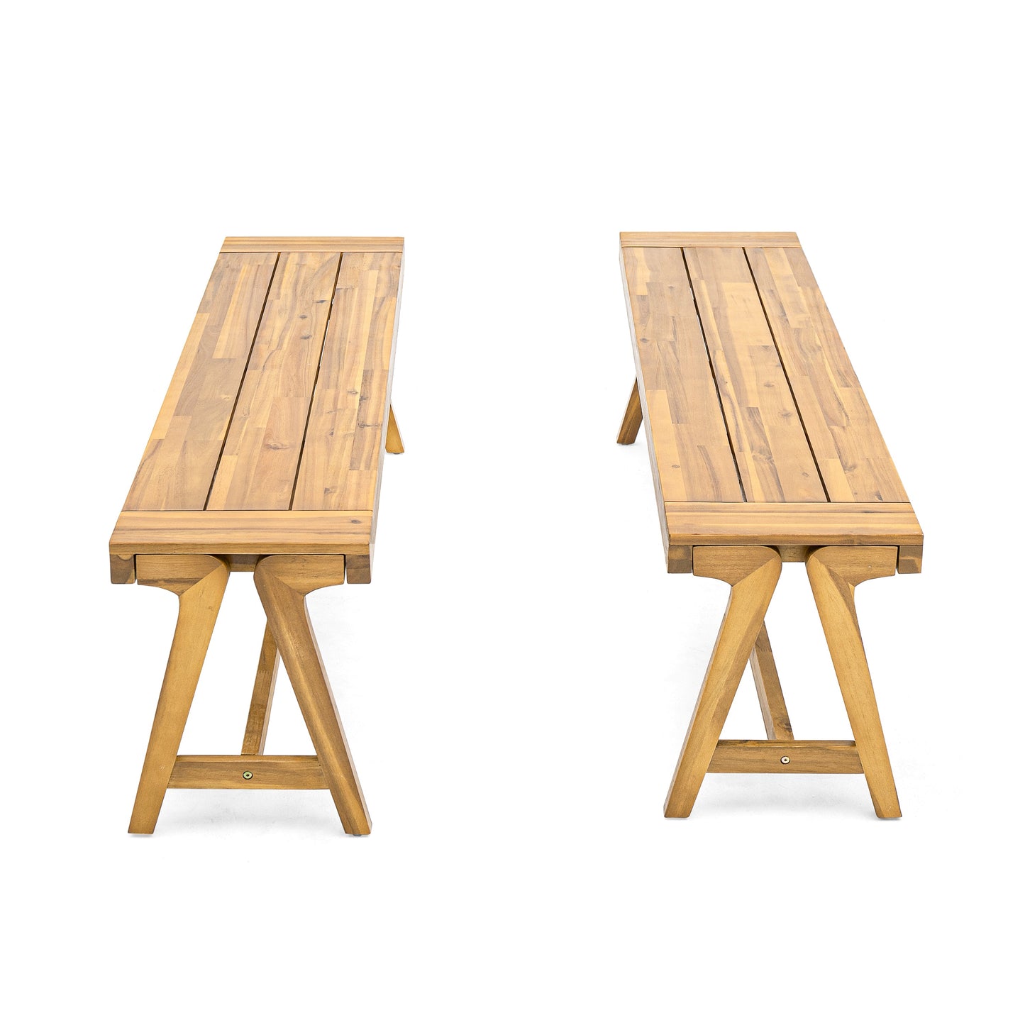 Outdoor Dining Benches (Set of 2) - Acacia Wood with Teak Finish