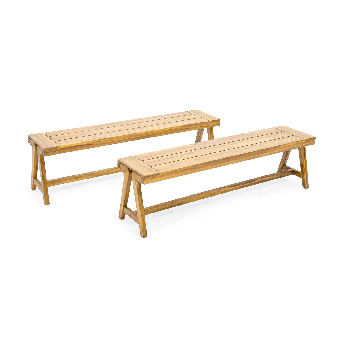 Outdoor Dining Benches (Set of 2) - Acacia Wood with Teak Finish