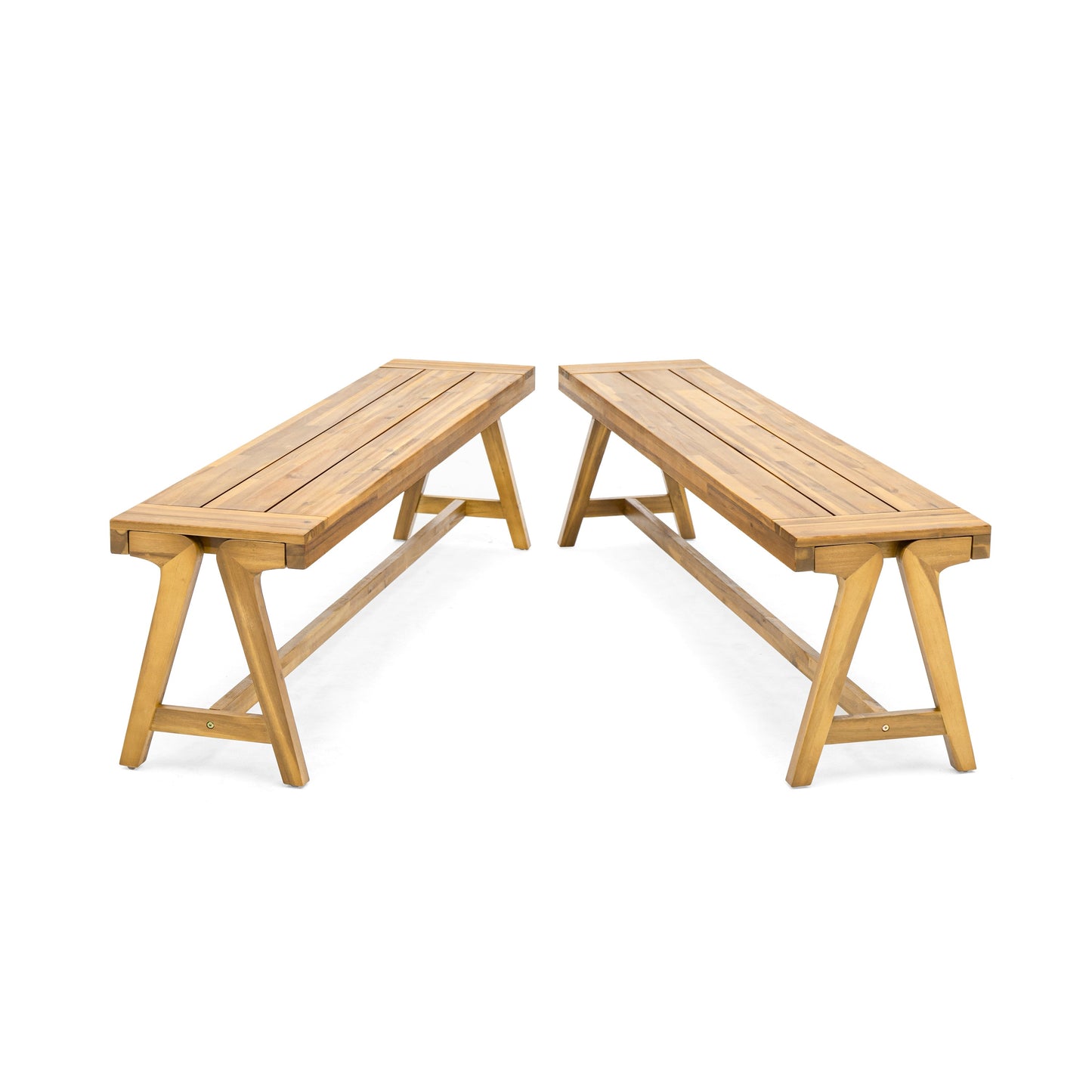 Outdoor Dining Benches (Set of 2) - Acacia Wood with Teak Finish