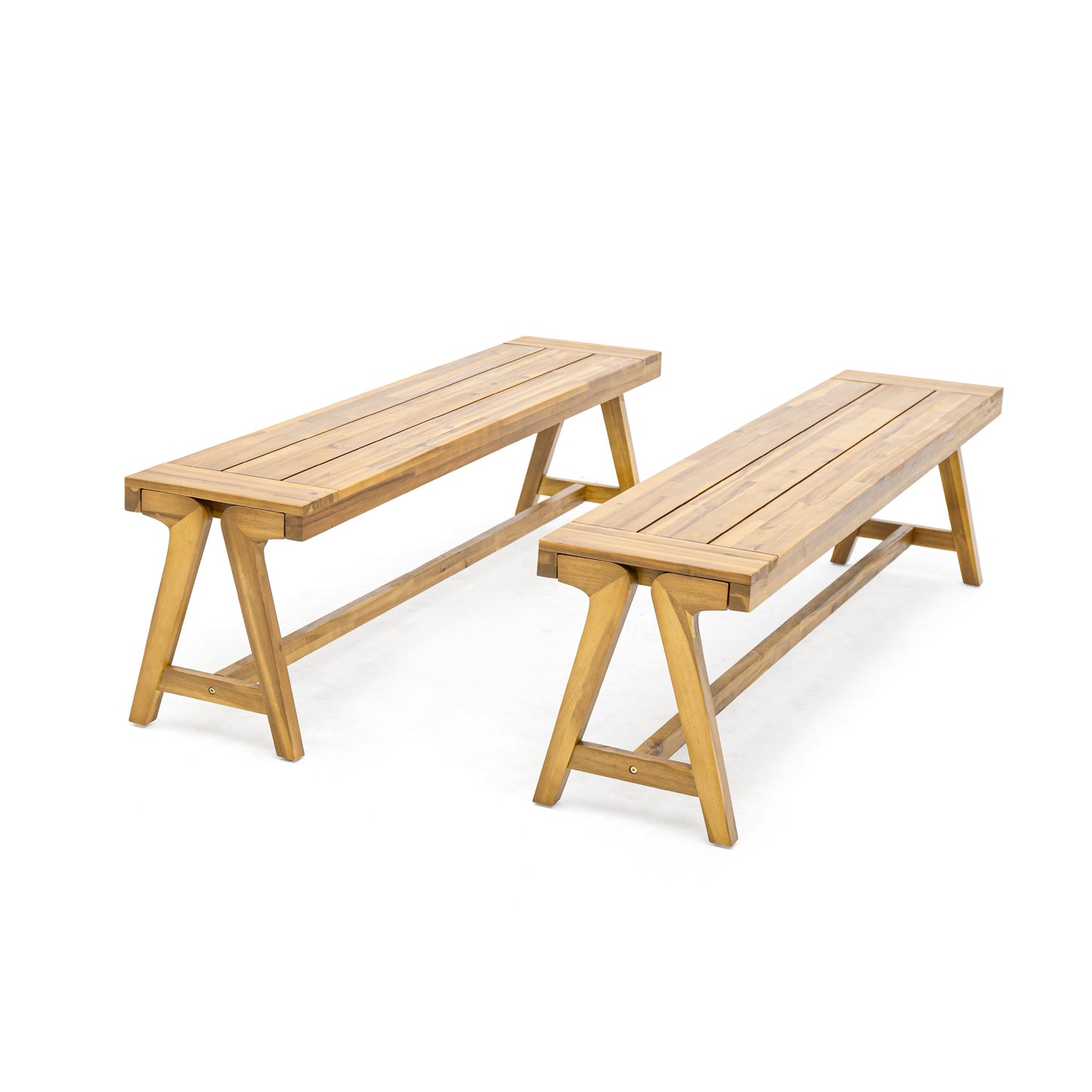 Outdoor Dining Benches (Set of 2) - Acacia Wood with Teak Finish