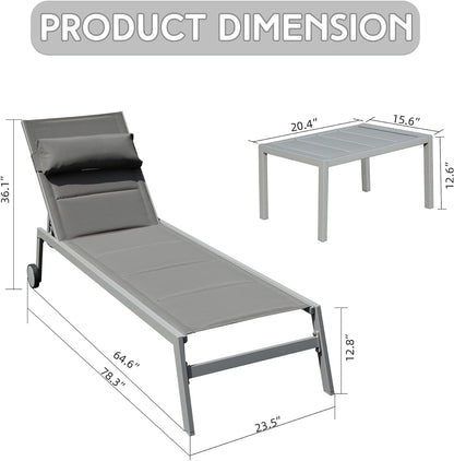 Outdoor Patio Chaise Lounge Set of 3 with Side Table and Wheels