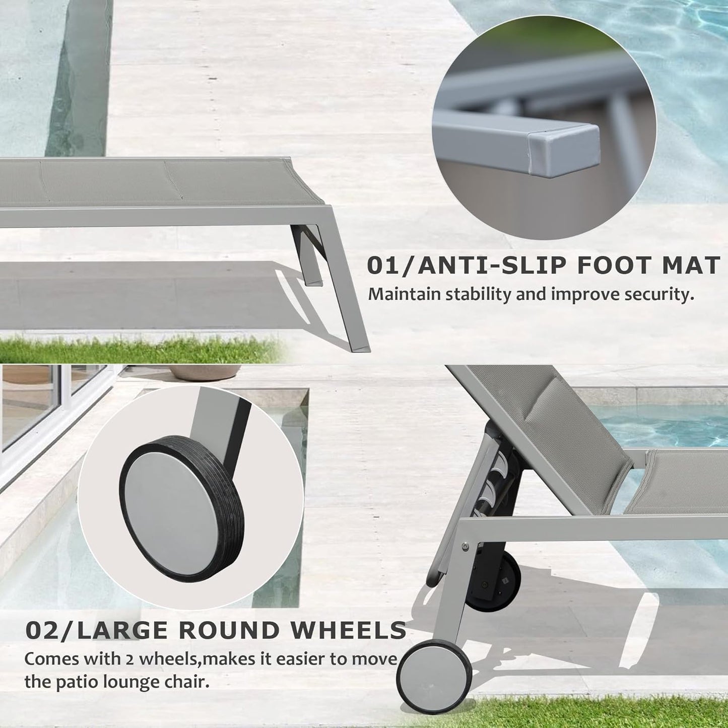 Outdoor Patio Chaise Lounge Set of 3 with Side Table and Wheels