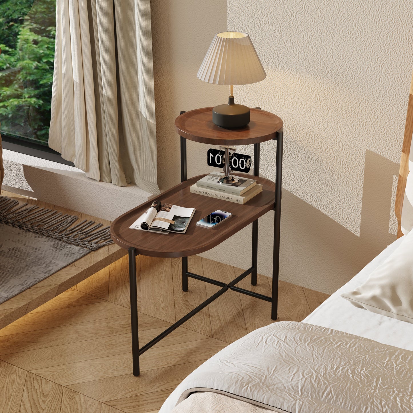 Small Coffee Tables 2-Tier Modern Sofa Side Table with Wood Storage Shelf