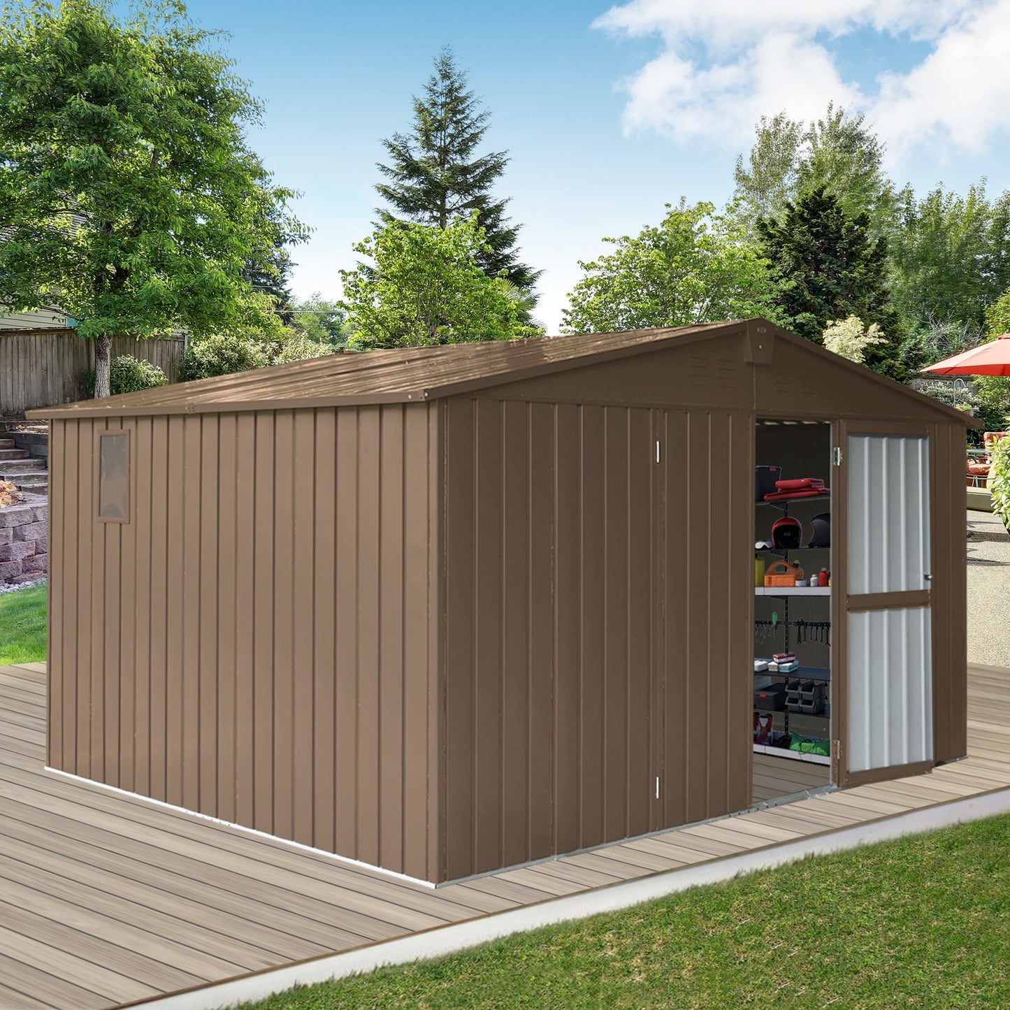 Backyard Storage Shed 11'x9' with Galvanized Steel Frame & Lockable Door