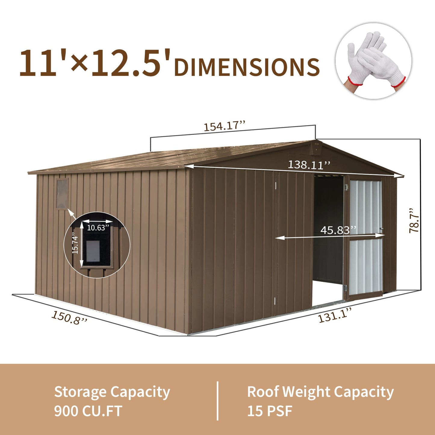 Backyard Storage Shed 11' x 12.5' with Galvanized Steel Frame & Windows