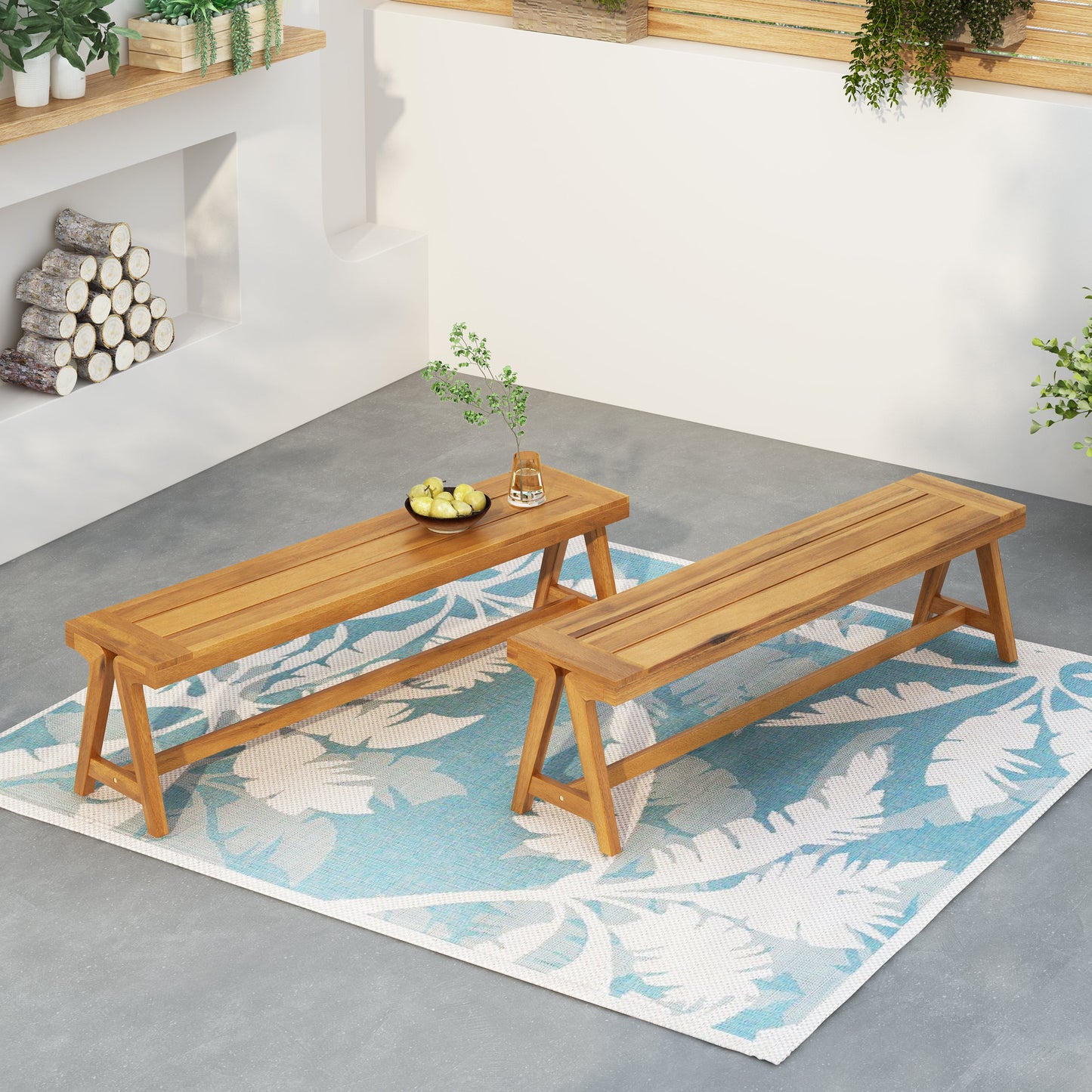 Outdoor Dining Benches (Set of 2) - Acacia Wood with Teak Finish