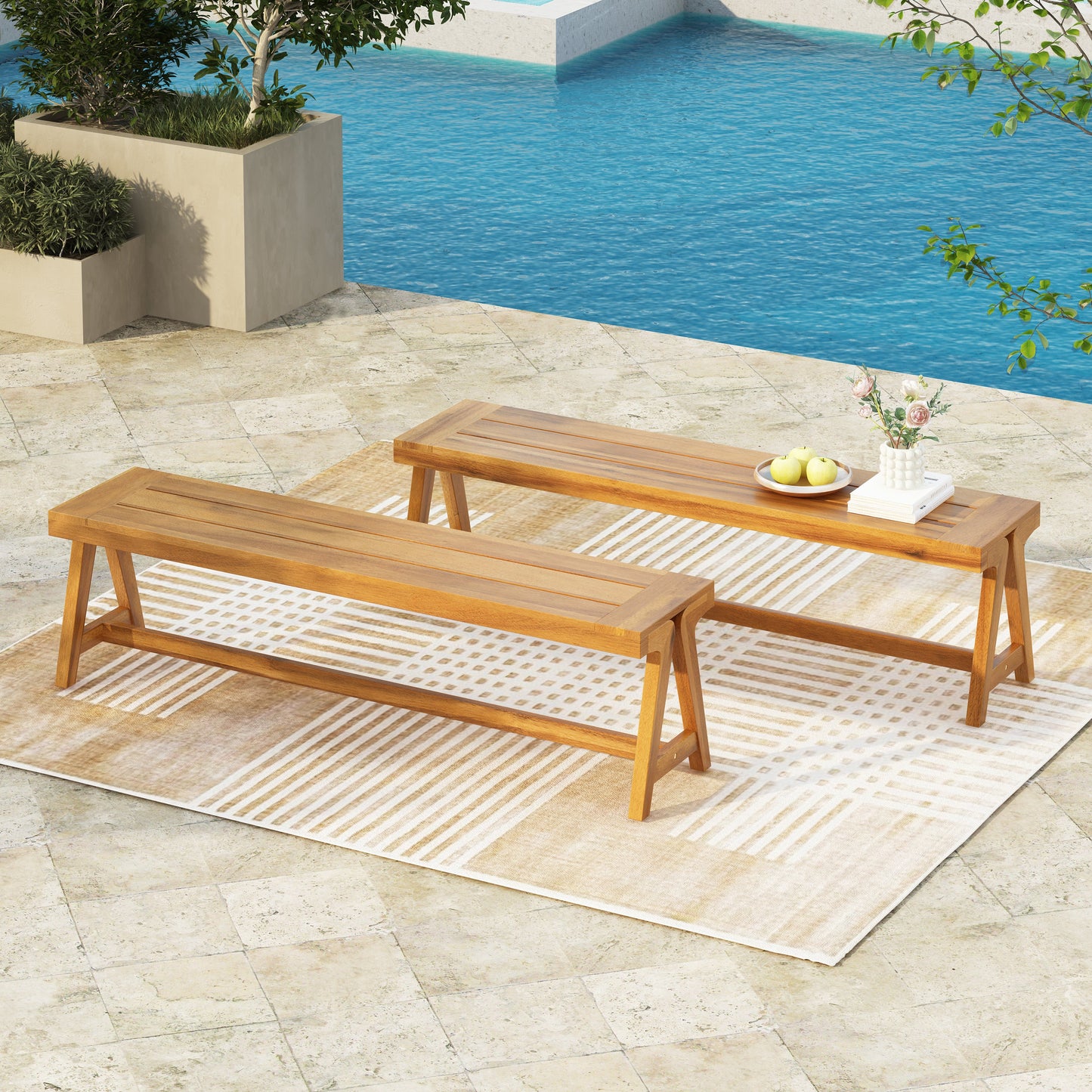 Outdoor Dining Benches (Set of 2) - Acacia Wood with Teak Finish