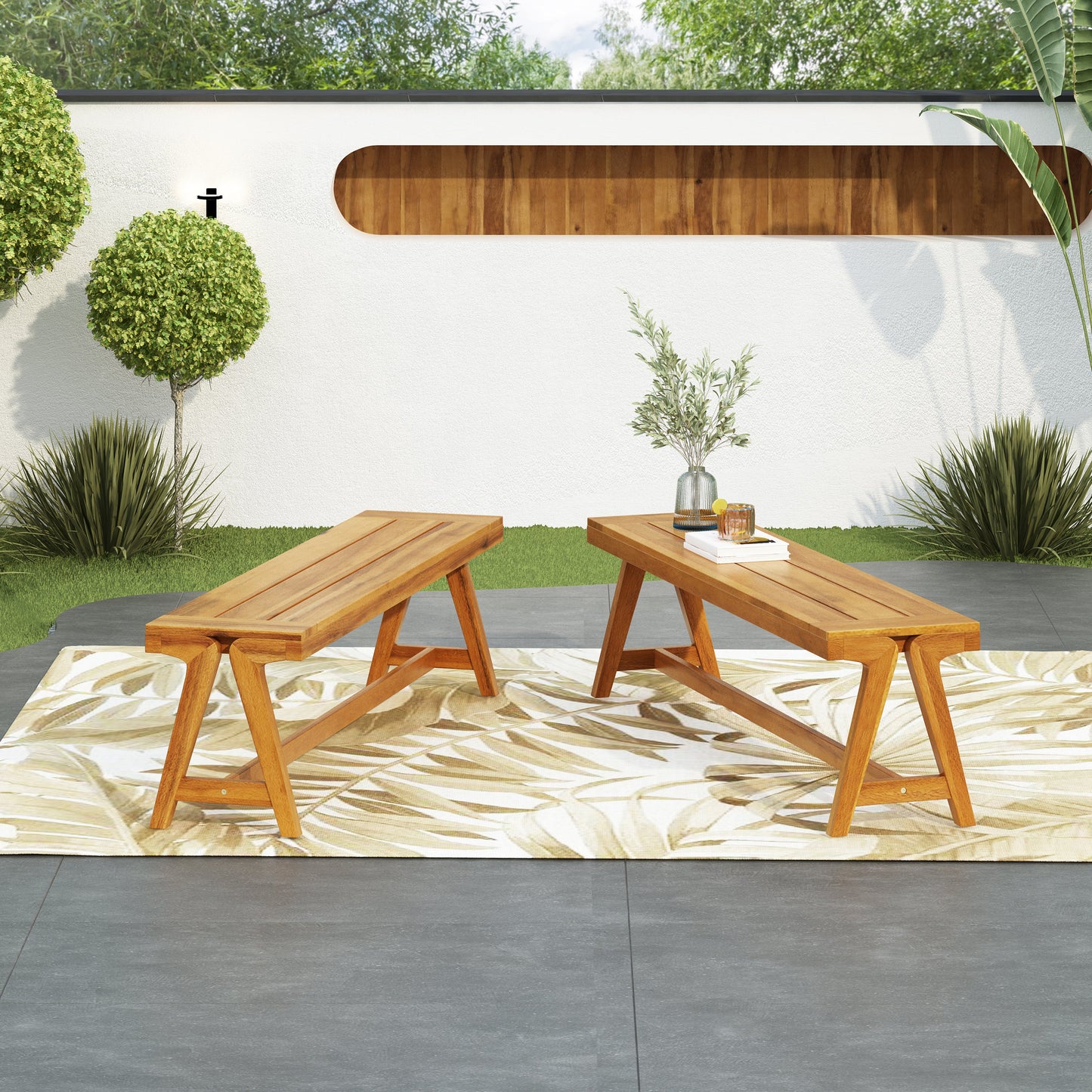 Outdoor Dining Benches (Set of 2) - Acacia Wood with Teak Finish