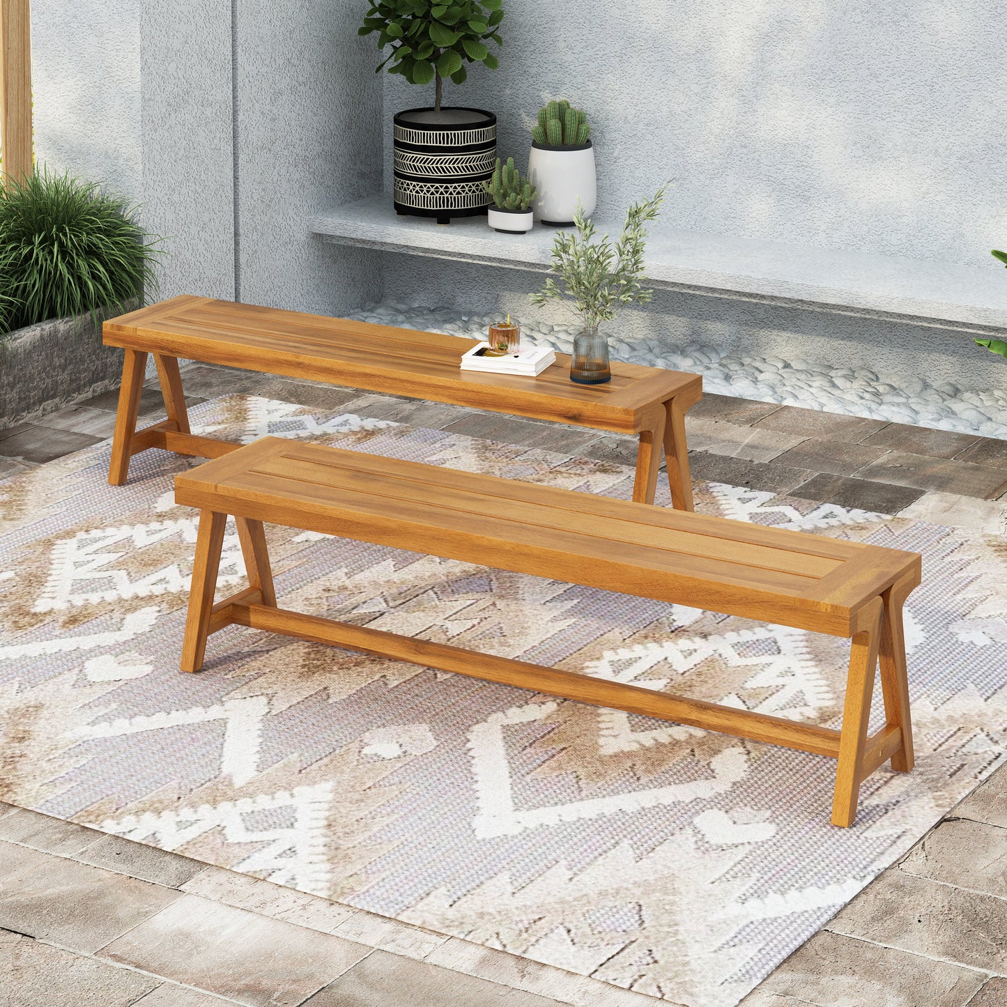 Outdoor Dining Benches (Set of 2) - Acacia Wood with Teak Finish